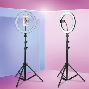 Ring Light Kit – ლედ განათება შტატივით • რგოლის დიამეტრი 26 სმ. • შტატივი : 1.60 მეტრი (1.86 მეტრი რგოლით) • აქვს ცივი და თბილი ფერები. • 3 სამუშაო რეჟიმი. • სიკაშკაშე: 2700K – 6500K.